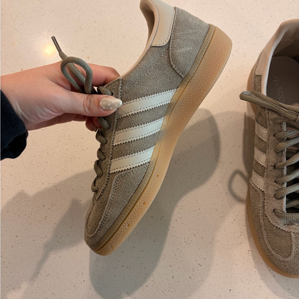 Adidas Taupe Suede Sneakers with White Stripes - Picture 2 of 4